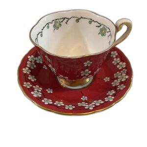 Vntg Chelsea English Red w/White Plum Blossom Bone China Maytime Tea Cup Saucer*